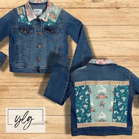 Old Navy Denim Jean Jacket Trucker Pink Aqua Blue Bunny Charm Crafted Girls Med - Picture 1 of 12